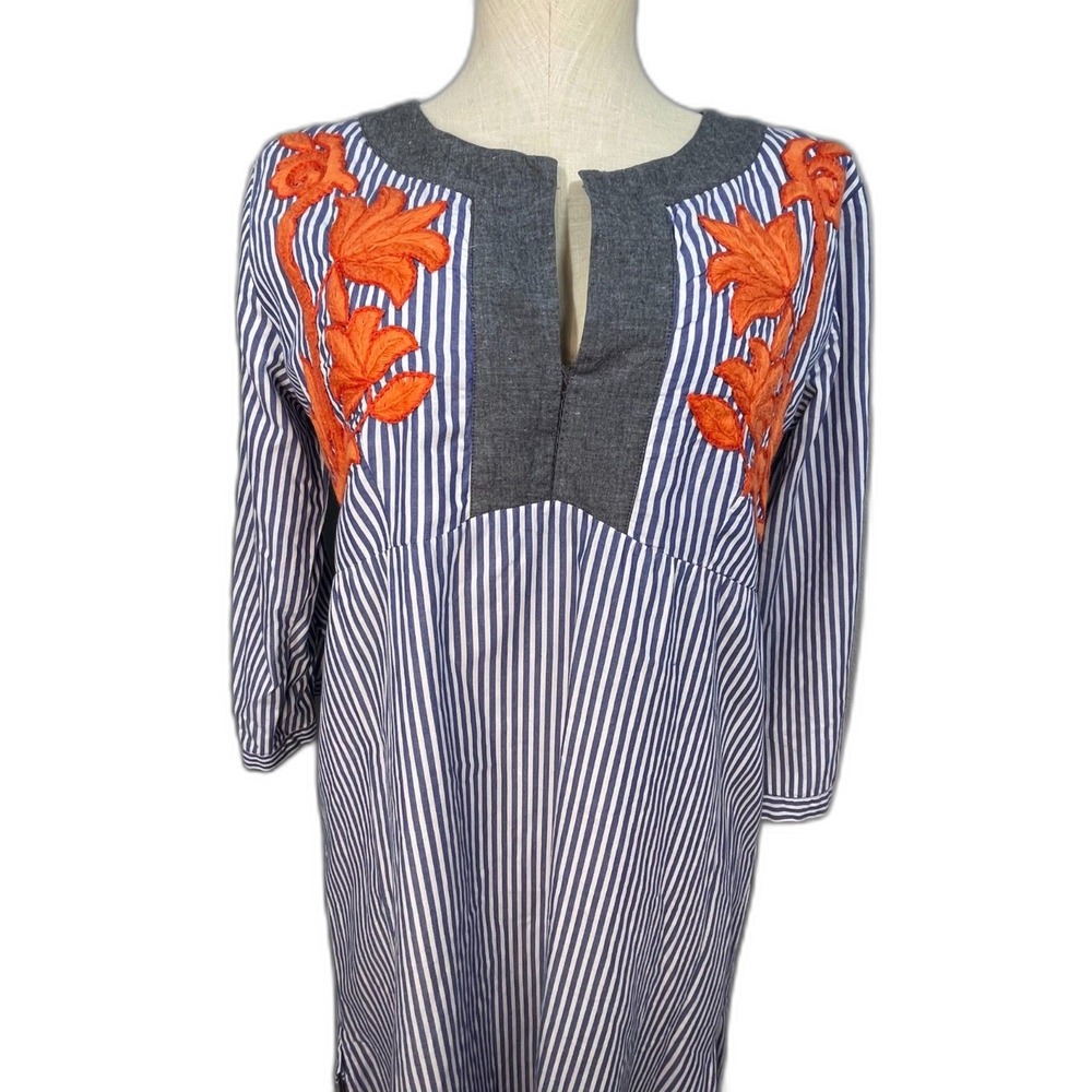 Roller Rabbit Striped Embroidered Maxi Dress Blue White Boho Kaftan Resort L